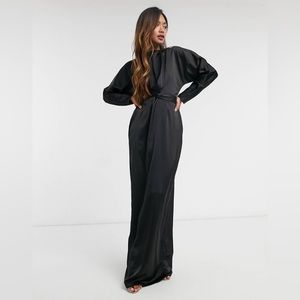 ASOS DESIGN SATIN DRESS WITH BATWING SLEEVE AND WRAP WAIST IN BLACK